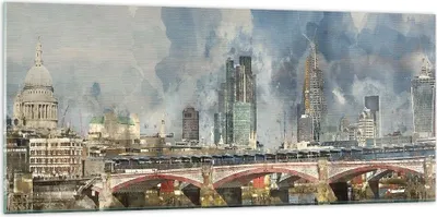 Produktbild von Bilder auf glas - Einteilig - London Aquarell Panorama - 120x50cm - Glasbilder - Wandbilder - Bilder - zum Aufhängen bereit - Wanddekoration aus Glas - Glas Bilder - Wandbild auf Glas - GAB120x50-4594