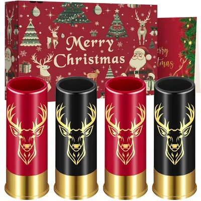 Productafbeelding van Glazen voor schnaps, ontwerp met hertenkop, set van 4 stuks, kunststof, zwart en rood, kerstcadeauset