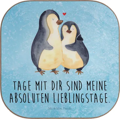 Produktbild von Mr. & Mrs. Panda Tassenuntersetzer Pinguin umarmen - Eisblau - Geschenk, Liebe, Coaster, Hochzeitstag, Tischuntersetzer, Untersetzer für Gläser, Glas, Umarmung, eckiger