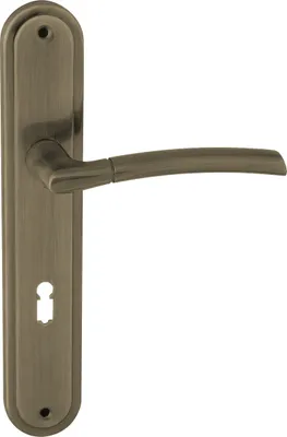 Produktbild von DOMINO Türgriff 72 Drückergarnitur BB-Buntbart Set | Langschildgarnitur | Türklinke für Zimmertür, Bürotür, Kellertür & Innentür | L-Form | Türbeschläge aus Aluminiuml | Bronze Türdrückergarnitur |PRESTO M3