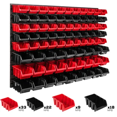 A wall-mounted storage system with red and black bins, displayed against a white background. Several individual bins are shown below the main unit with quantity labels.