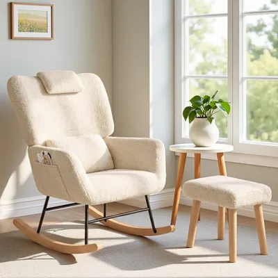 Imagen del producto de Sillón mecedora REMZETTA con reposapiés, sillón mecedora de tela tipo "teddy" en color beige, silla de lactancia con respaldo alto, almohadillas para la cabeza y la zona lumbar, bolsillo lateral y estructura de madera