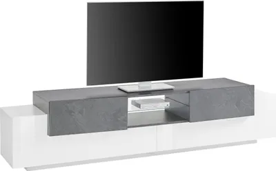 Produktbild von TV-Lowboard Unterschrank Rack HiFi Element Fernsehtisch Schrank "Catania III" Weiß Hochglanz / Schiefer Nachbildung