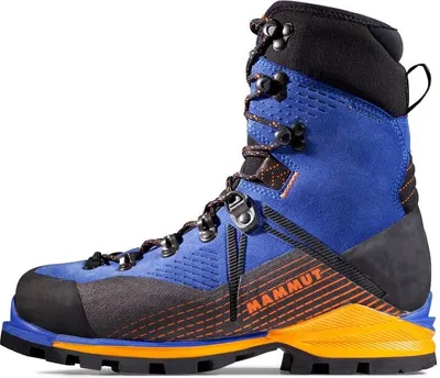 Blauer Zustiegsschuh "Kento Mountain High GTX Women" von Mammut; mit schwarzem und gelbem Detail.