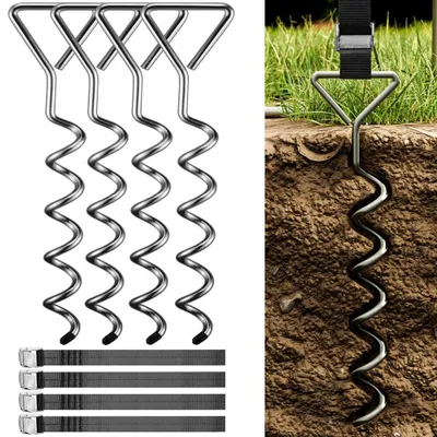 Obrázek produktu pro 4 zemní kotvy pro trampolínu, 30 cm, 5 závitů, nosnost 900 kg, nastavitelné popruhy, nerezová pojistka, sada zemních kotev, upevnění altánu, zahradního domku, houpačky