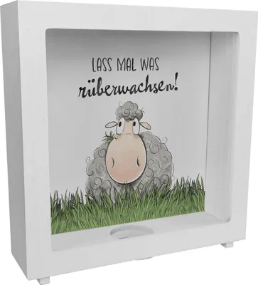 Produktbild von Schaf Rahmen Spardose aus Holz mit Spruch Lass mal was rüberwachsen