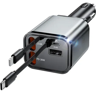 Immagine prodotto di Caricabatterie per auto retrattile da 69W con porta USB-C, dotato di cavo Apple e cavo di tipo C, compatibile con iPhone, Galaxy e Pixel