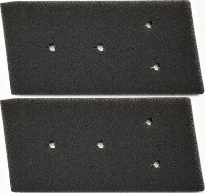 Two black foam filter mats with holes are shown against a white background.