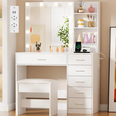 Immagine prodotto di Comò da trucco con specchio e illuminazione, 7 cassetti, presa di corrente, bianco