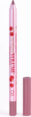 A pink lipstick pencil with cherry designs and text.