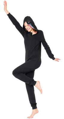 Produktbild von Ladeheid Damen Schlafoverall Tierkostüm aus Baumwolle Jumpsuit bunt Tiermotiv Verkleidung Schlafanzug Einteiler mit Kapuze LA40-234 (Schwarz Pavian, XL)