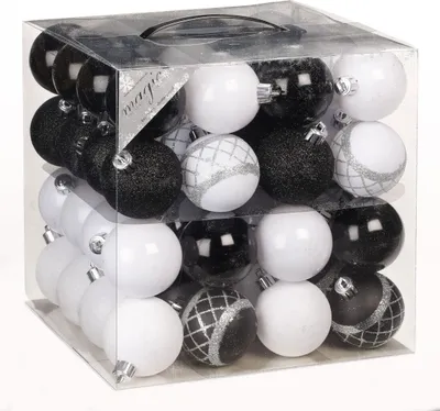 Produktbild von 64x Kunststoff Christbaumkugeln Ø 6cm Kugel Box Glanz Glitzer Matt Nachbildung Inge inkl. Aufhänger, Farbe:Schwarz-Weiß