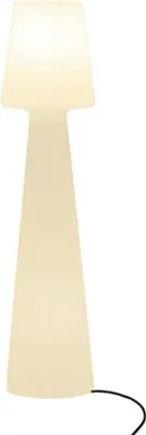 A tall, conical floor lamp with a frosted shade and a black cord.
