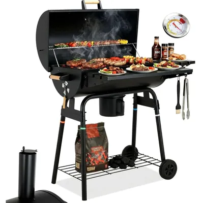 Produktbild von Kohlegrill Wagen aus Edelstahl - Garten Grill mit Deckel - Schornstein - Thermometer - Aschebehälter - Klappablage - 2 Räder - Schwarz