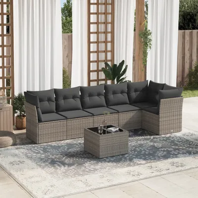 Produktbild von CLORIS 7-tlg. Garten-Sofagarnitur mit Kissen Grau Poly Rattan - Gartenmöbelgarnituren 420