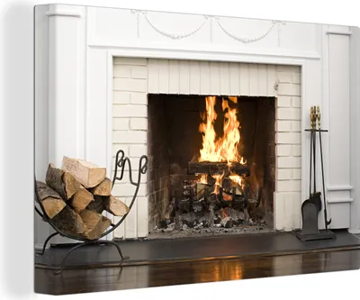 Produktbild von MuchoWow® - Leinwandbilder - Kamin in einer weißen Wand, Wandbild, Wanddeko Bilder Wohnzimmer, 120x80 cm