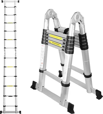 Obrázok produktu pre Jopassy teleskopický rebrík výsuvný rebrík skladací rebrík stabilný hliníkový rebrík do 150kg 1,9m+1,9m strieborný bez hákov