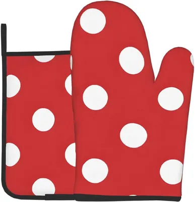 Produktbild von 2-teiliges Set mit Punktmuster zum Kochen und Grillen, bestehend aus hitzebeständigem Ofenhandschuh und Topflappen mit Sommerblumenmotiv
