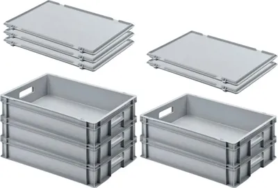 Produktbild von SuperSparSet 5x Eurobehälter mit offenem Griff und Scharnierdeckel | HxBxT 12x40x60cm | 21 Liter | Grau | Eurobox, Transportbox, Transportbehälter, Stapelbehälter