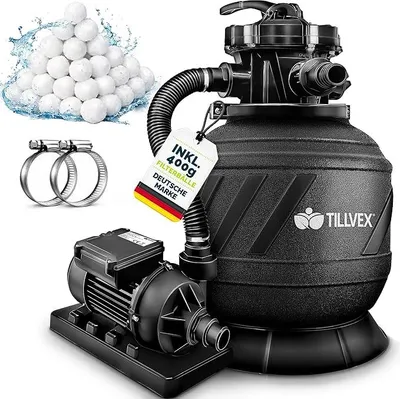 Produktbild von Sandfilteranlage Pool 7.900L/h inkl. 400g Filterbälle | Filteranlage 7-Wege Ventil & 2in1 Adapter ?32mm - 38mm | Poolfilter mit Druckanzeige Sandfilter Schwimmbecken (AquaBlack Pro)