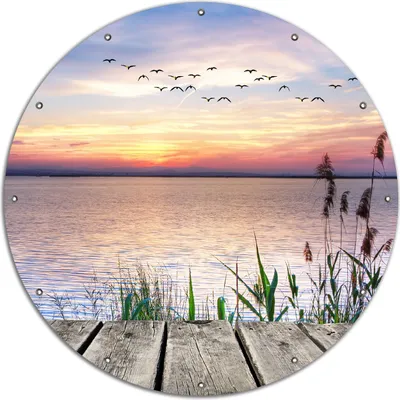 Produktbild von Wallario rundes Outdoor-Poster für Garten oder Balkon, Motiv Seepanorama mit Schilf und fliegenden Vögeln, 120 cm Durchmesser