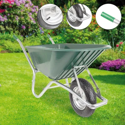 Produktbild von BPA Schubkarre 100l verzinkt, Luftrad, Kunststoffwanne PP grün, Metallfelge mit Kugellager, leicht und stabil, für Garten und Bauarbeiten