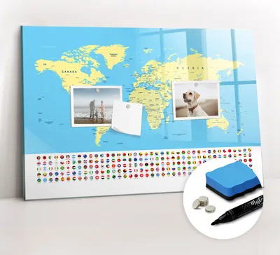 Produktbild von Magnetpinnwand Memoboard - Zubehörsatz - Schwarzer Marker + Schwamm + Magnete - 60 x 40 cm - Klassische Weltkarte