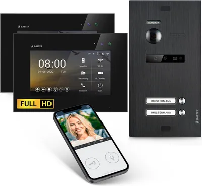 Produktbild von HD Video Türsprechanlage mit Smartphone App für 2 Familienhaus, 2x Monitor, Balter EVO HD WLAN Schwarz