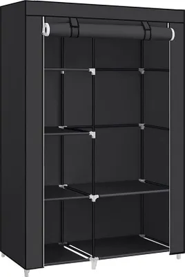 Productafbeelding van Unyqoos® Stoffen garderobekast met 6 planken, zwarte vliesstof, kledingstang en ritsdeur, 45 x 105 x 168 cm – geschikt voor slaapkamer en kleedkamer