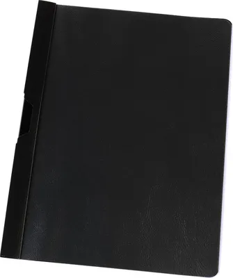 A black binder or folder is shown against a white background.