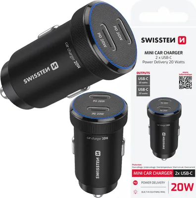 Zdjęcie produktu dla Ładowarka Samochodowa Kompaktowa Swissten Mini 2 X Usb-c Pd 20w