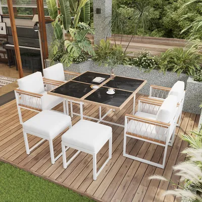 Productafbeelding van STILVORA Tuin loungeset, balkonmeubelset voor 6 personen, zithoek van acaciahout met zitkussens en rugkussens, houtkleur + wit