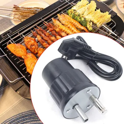 A collage showing a grill with food and a close-up of an electrical plug.