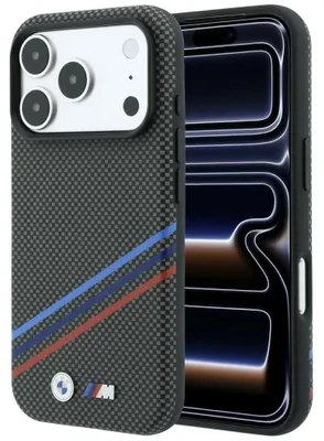 Immagine prodotto di Custodia BMW M Quadrille in Poliammide con stampa a righe tricolori e logo metallico, compatibile con iPhone 18 Pro / 17 Pro, colore antracite