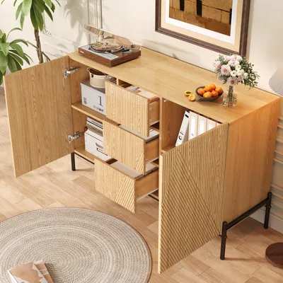 Produktbild von MODFU Sideboard Geometrische Struktur Geprägte Schranktüren Mittelschublade Viel Stauraum Für Wohnzimmer Esszimmer Flur MDF Natur