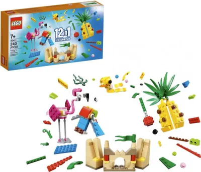 LEGO set components and packaging displayed against a white background.