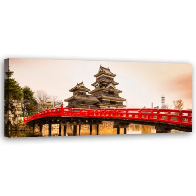 Produktbild von Leinwandbild Japanische Brücke und Burg Matsumoto 120x40 Feeby Grau bild für die wand bereit zum aufhängen