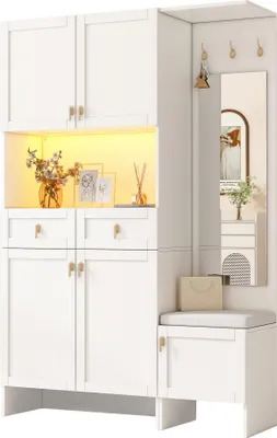 Produktbild von Merax Garderobenset, mit Schuhschrank, Schuhbank, Wandgarderobe, 3 Haken, 5 Türen, 2 Schubladen, Spiegel, Flurmöbel, Garderobenständer, Weiß