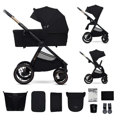 A collage of a black Kinderkraft NEA 2 stroller in different configurations and with various accessories.