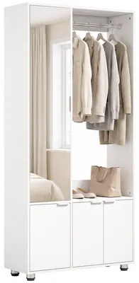 Produktbild von Kleiderschrank mit Spiegel, schmaler moderner Garderobenschrank mit Kleiderstange und Ablagefächern, Weiß