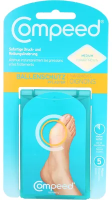 Produktbild von Compeed Ballenschutzpflaster, 6,8 x 7,4 cm, Beige, Die Haut vor der Anwendung säubern und trocknen..., 5 Stück(e)