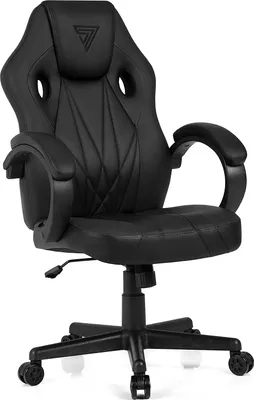 A black gaming chair is shown from a three-quarter front view against a white background.