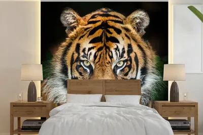 Produktbild von MuchoWow® Fototapete für Wohnzimmer oder Schlafzimmer Wandtapete Vinyl Motivtapete Tiger - Schwarz - 300x300 cm - Wanddekoration