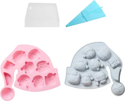 Image de lot de 2 Moules à pâtisserie de Noël en forme de capuchon avec 11 empreintes pour Mini-gâteaux, Savon artisanal, Chocolat, Gelée, Bonbons et Bougies avec ceinture, Animaux mignons et Cadeaux de Noël