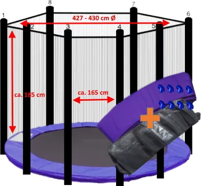 Produktbild von walexo Trampolin Randabdeckung + Sicherheitsnetz für 8 Stangensystem ( 427 cm Ø, Lila/Schwarz )