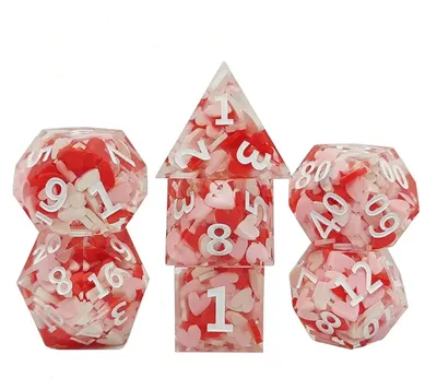 Produktbild von Lapi Toys DnD Sharp Edge Würfelset Crits & Kisses – 7 scharfkantige RPG Würfel aus Resin – Rot / Weiß