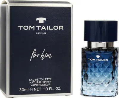A box of Tom Tailor For Him Eau de Toilette and a bottle of the fragrance are displayed side-by-side against a white background.