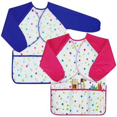 Imagen del producto de Delantal impermeable para niños con mangas, para edades de 2 a 8 años, con 3 bolsillos, ideal para la escuela y actividades de pintura
