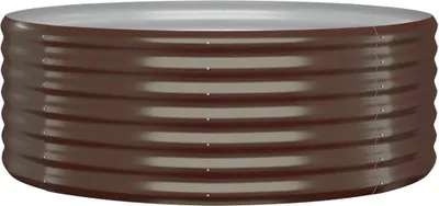 A brown corrugated metal raised garden bed with a silver rim, shown against a white background.