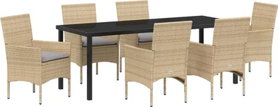 Produktbild von Möbel 7-teiliges Garten Essensemble mit Kissen Beige Poly-Rattan, Gartentisch Schwarz 200x80x73 cm Sicherheitsglas - Gartenstühle 3379798